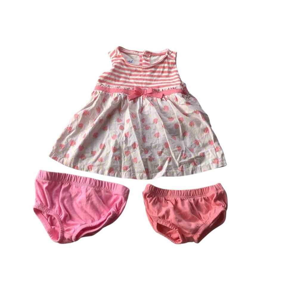 Kidgets Baby Girl 3pc Set Dress &  Bloomers Strawberry‎ Print 0-3 Months